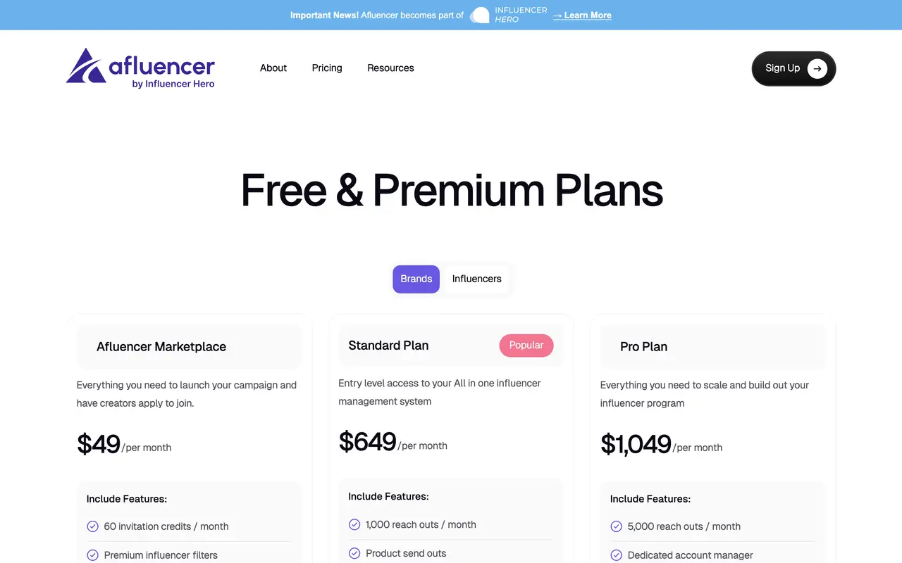Afluencer pricing page - Influencer SaaS pricing tiers and plans
