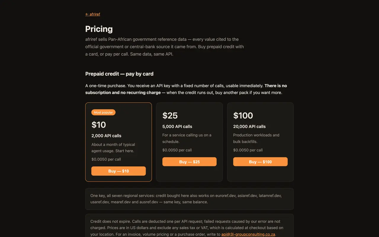 afriref pricing page - API & Integration SaaS pricing tiers and plans