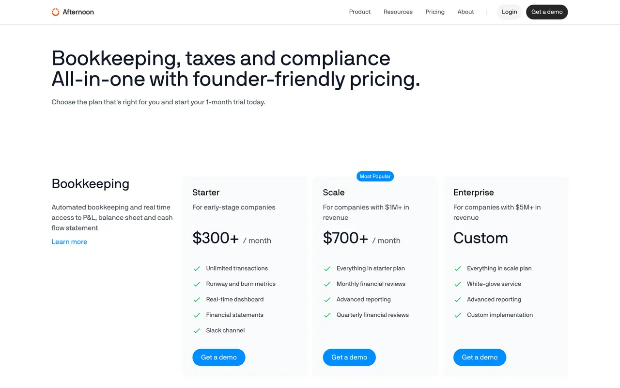 Afternoon pricing page - Finance & Accounting SaaS pricing tiers and plans