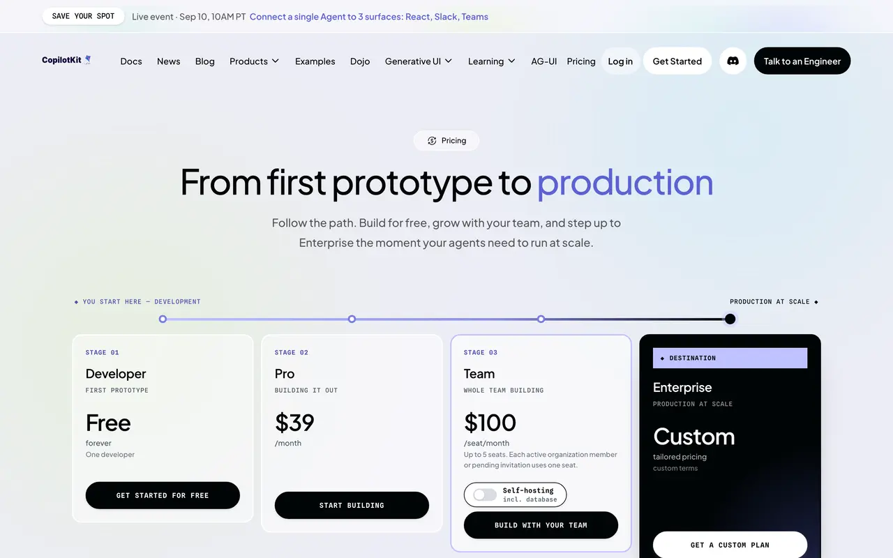 AG-UI Protocol: Bridging Agents to Any Front End pricing page - Developer Tools SaaS pricing tiers and plans