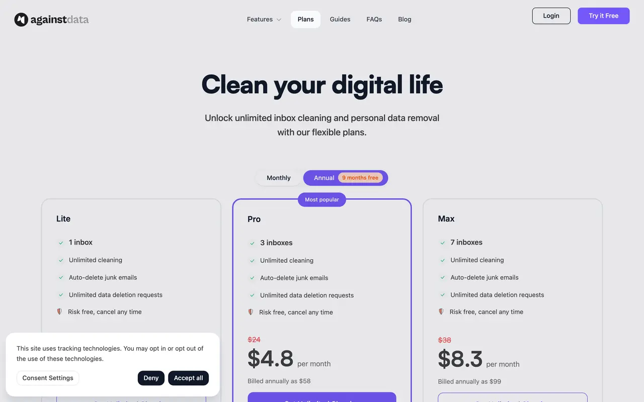 Againstdata pricing page - Productivity SaaS pricing tiers and plans