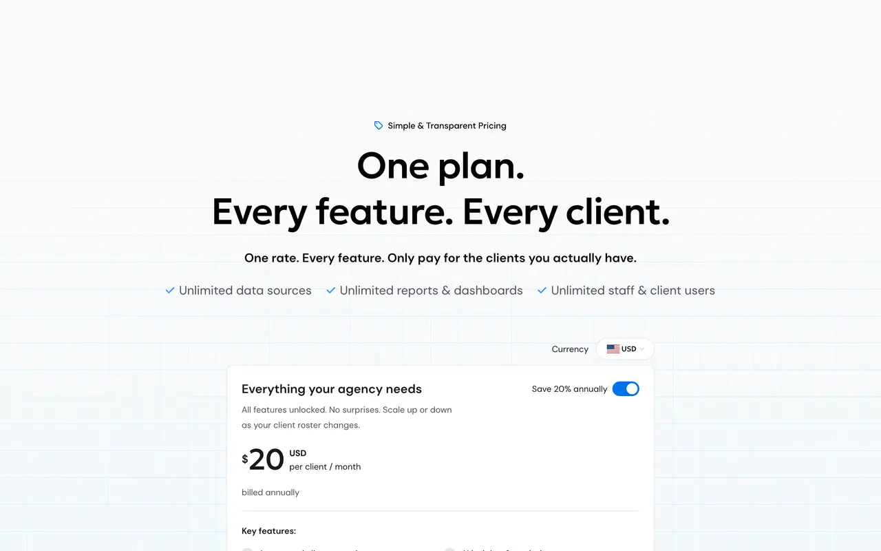 AgencyAnalytics pricing page - Analytics & BI SaaS pricing tiers and plans