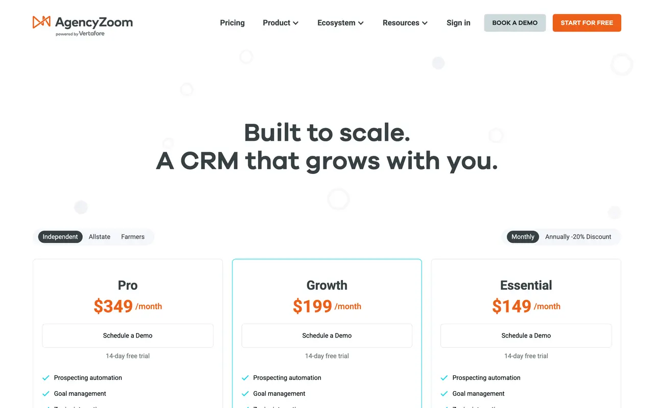 AgencyZoom pricing page - Insurance SaaS pricing tiers and plans