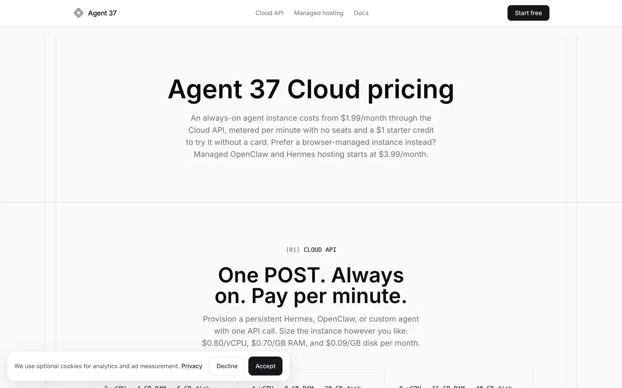 Agent37 pricing page - API & Integration SaaS pricing tiers and plans