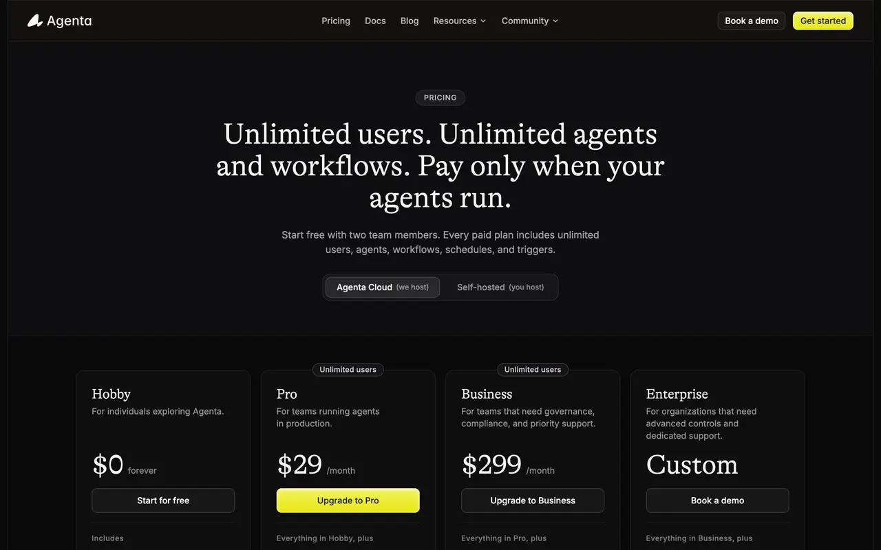 Agenta pricing page - AI Developer Tools SaaS pricing tiers and plans