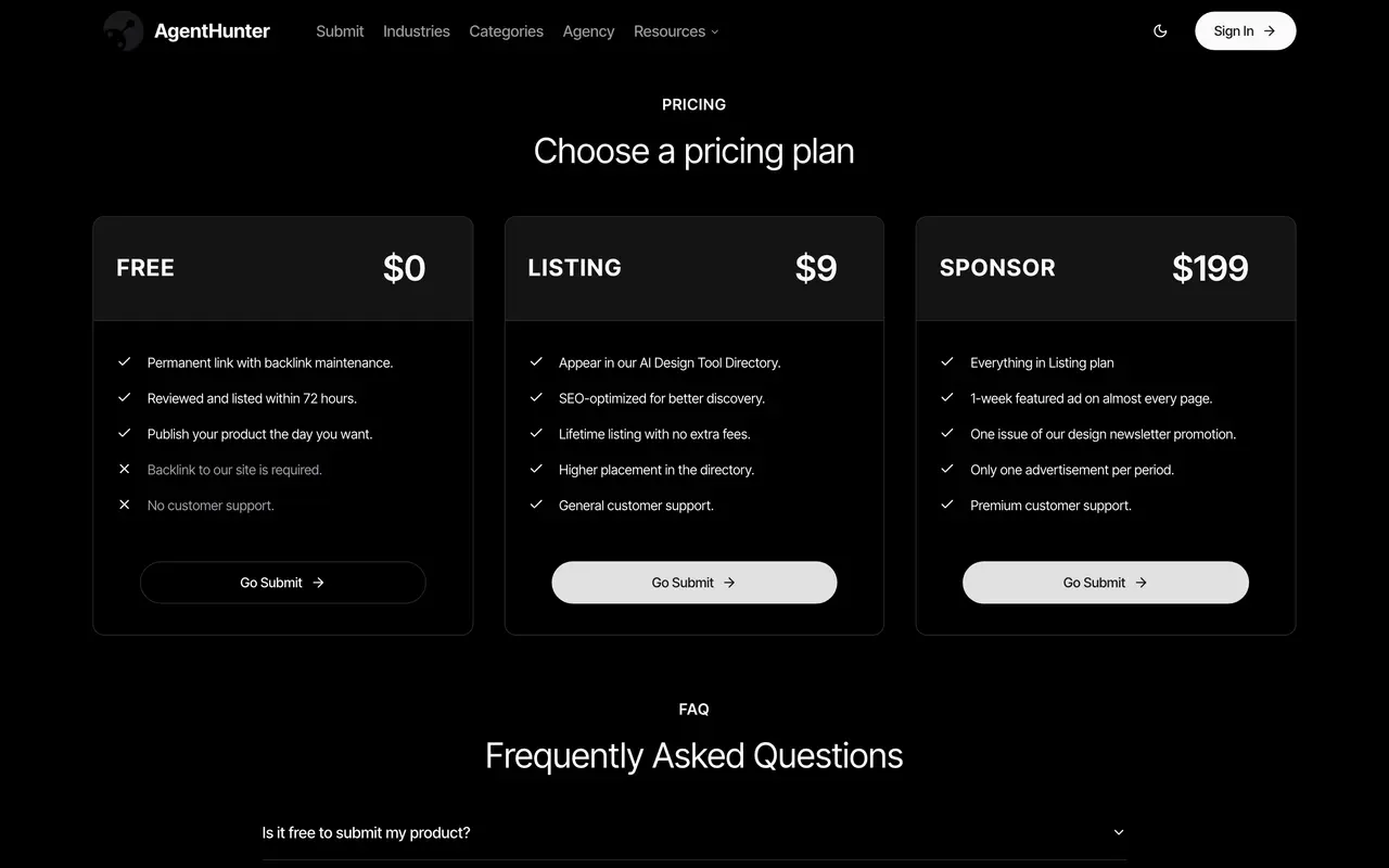 AgentHunter pricing screenshot