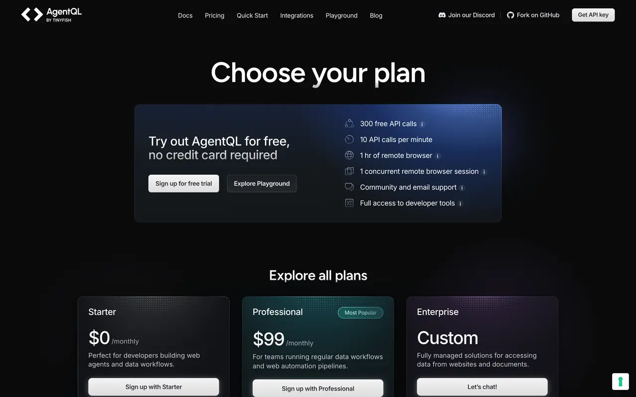 AgentQL pricing page - Finance & Accounting SaaS pricing tiers and plans