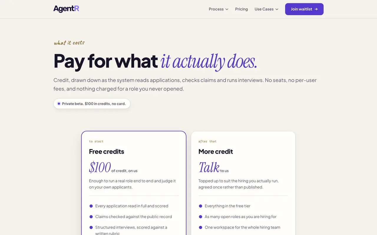 Agentr pricing screenshot