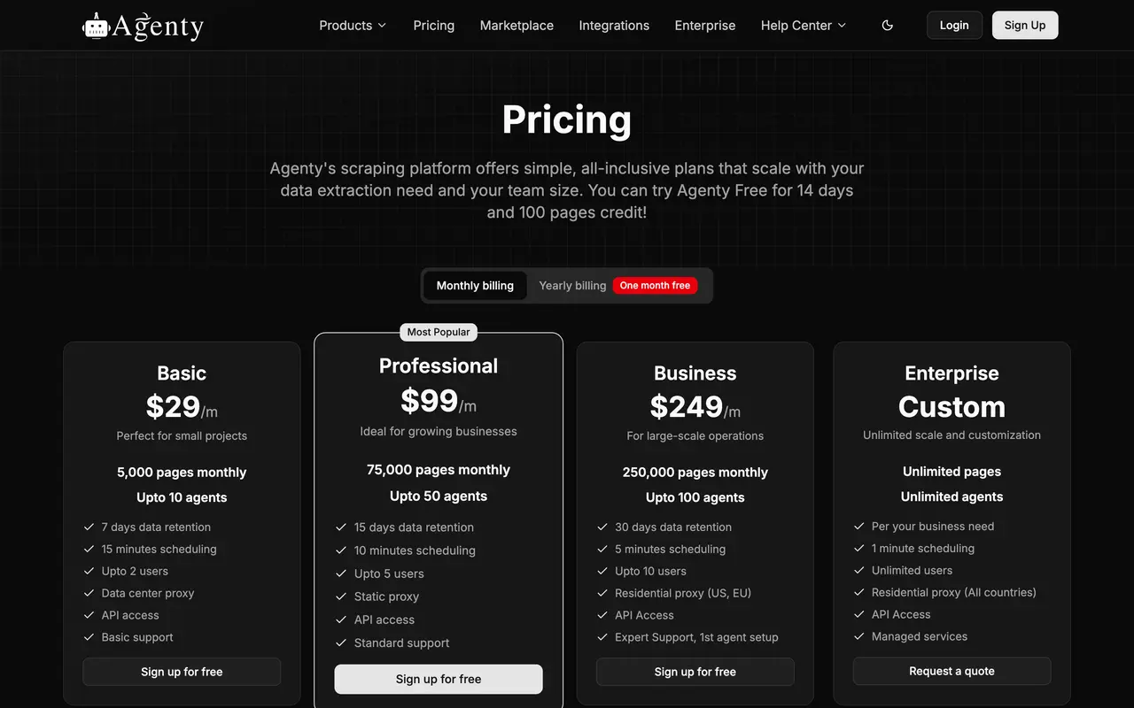 Agenty pricing screenshot