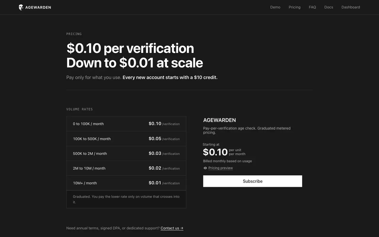 AGEWARDEN pricing screenshot
