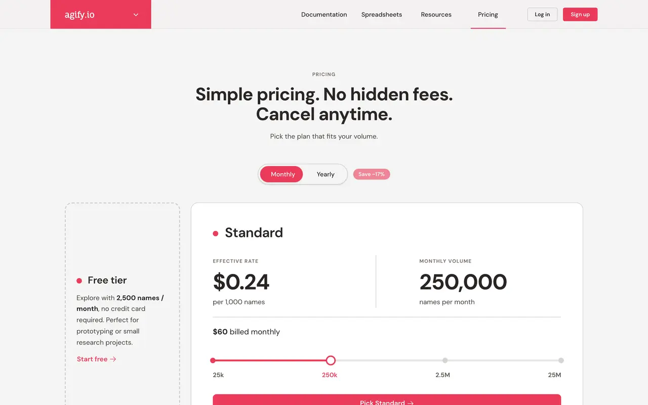 Agify pricing page - AI Developer Tools SaaS pricing tiers and plans