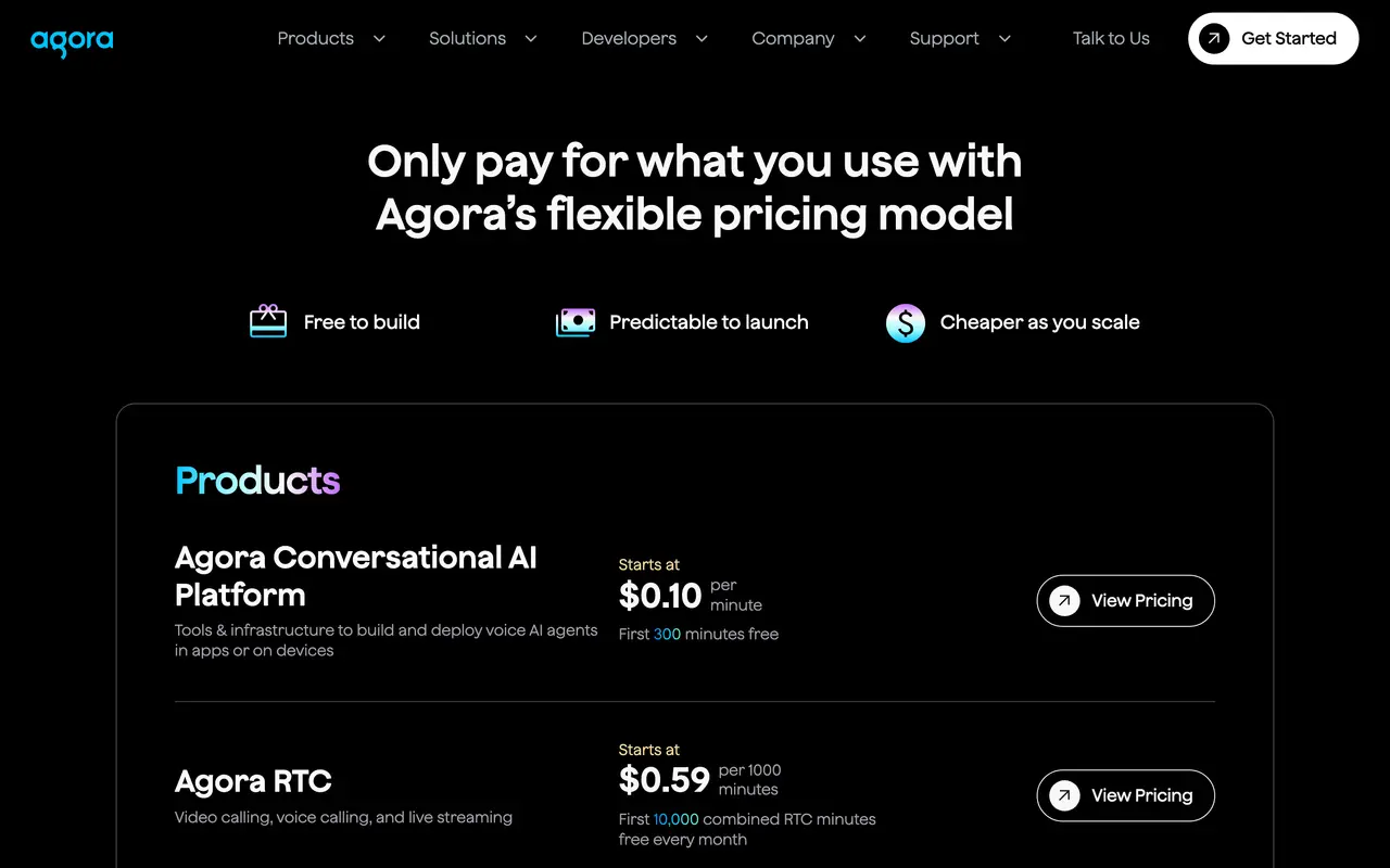 Agora Video SDK for Android pricing page - Developer Tools SaaS pricing tiers and plans