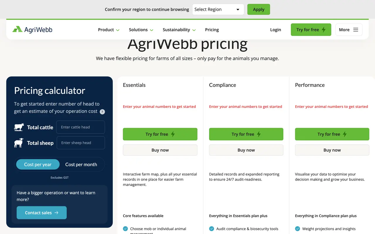 AgriWebb pricing page - Agriculture SaaS pricing tiers and plans