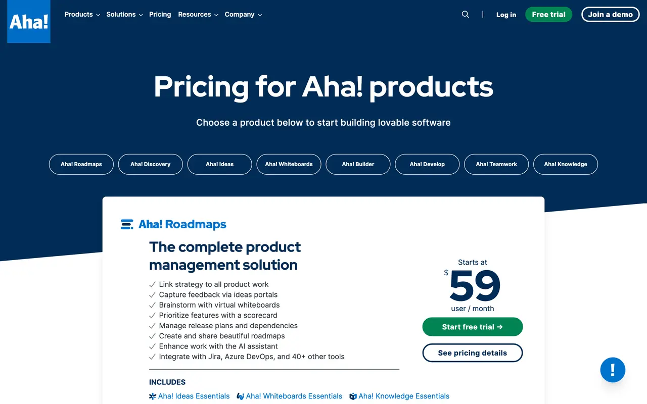 Aha! pricing page - Project Management SaaS pricing tiers and plans