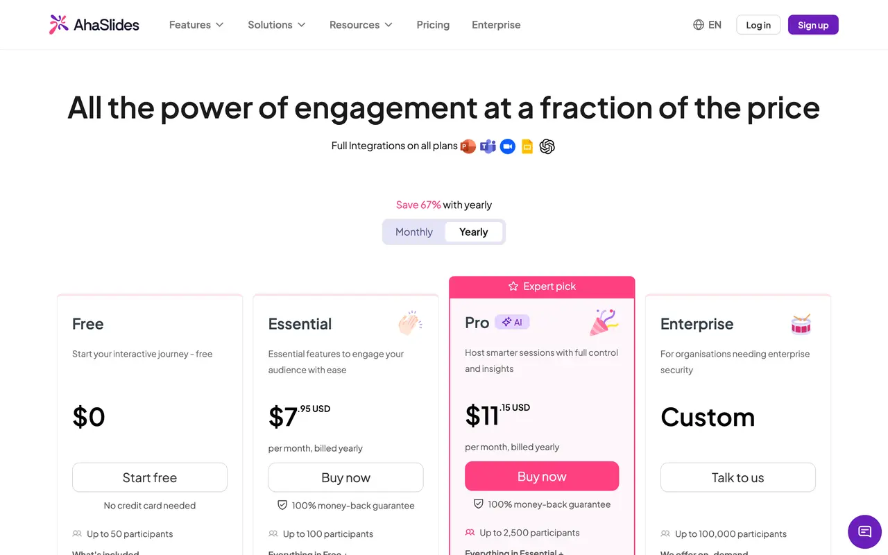 AhaSlides pricing page - Polls SaaS pricing tiers and plans