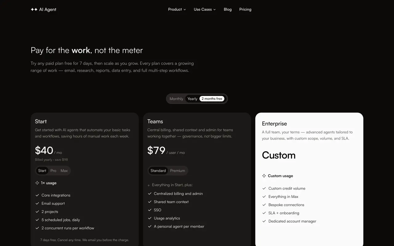 ✦✦ AI Agent pricing page - Developer Tools SaaS pricing tiers and plans