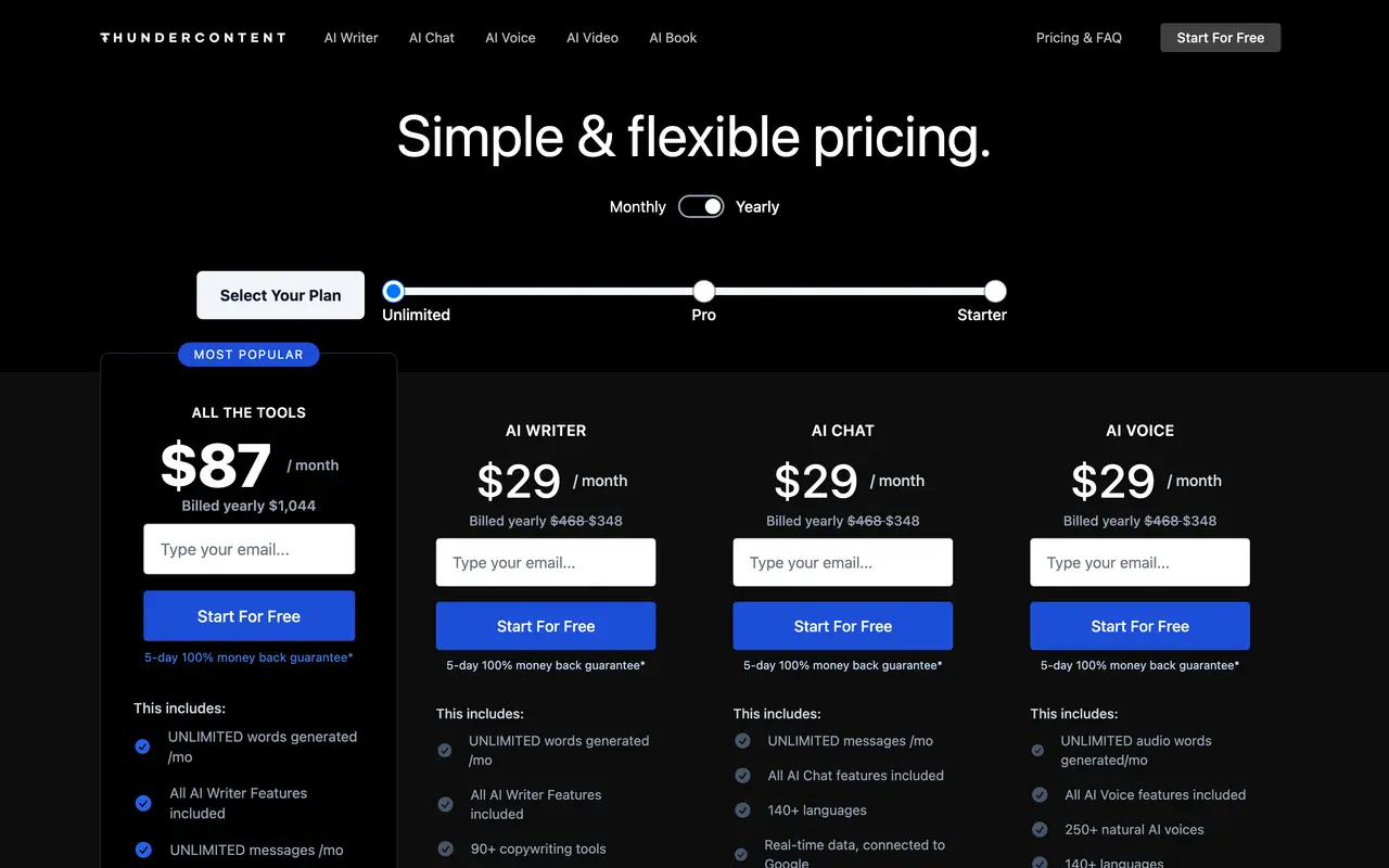 }AI Content Generation Platform - Thundercontent pricing page - AI & Machine Learning SaaS pricing tiers and plans