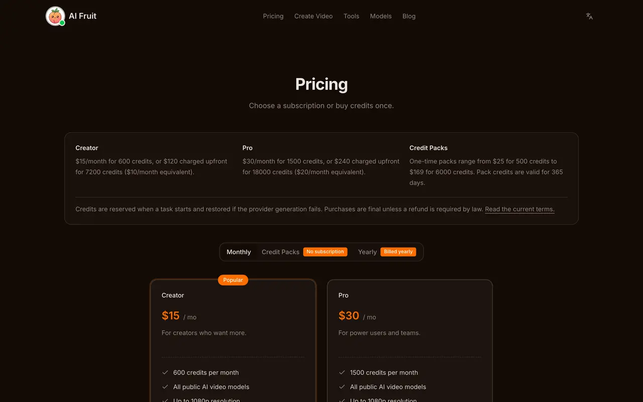 AI Fruit pricing page - Automation SaaS pricing tiers and plans