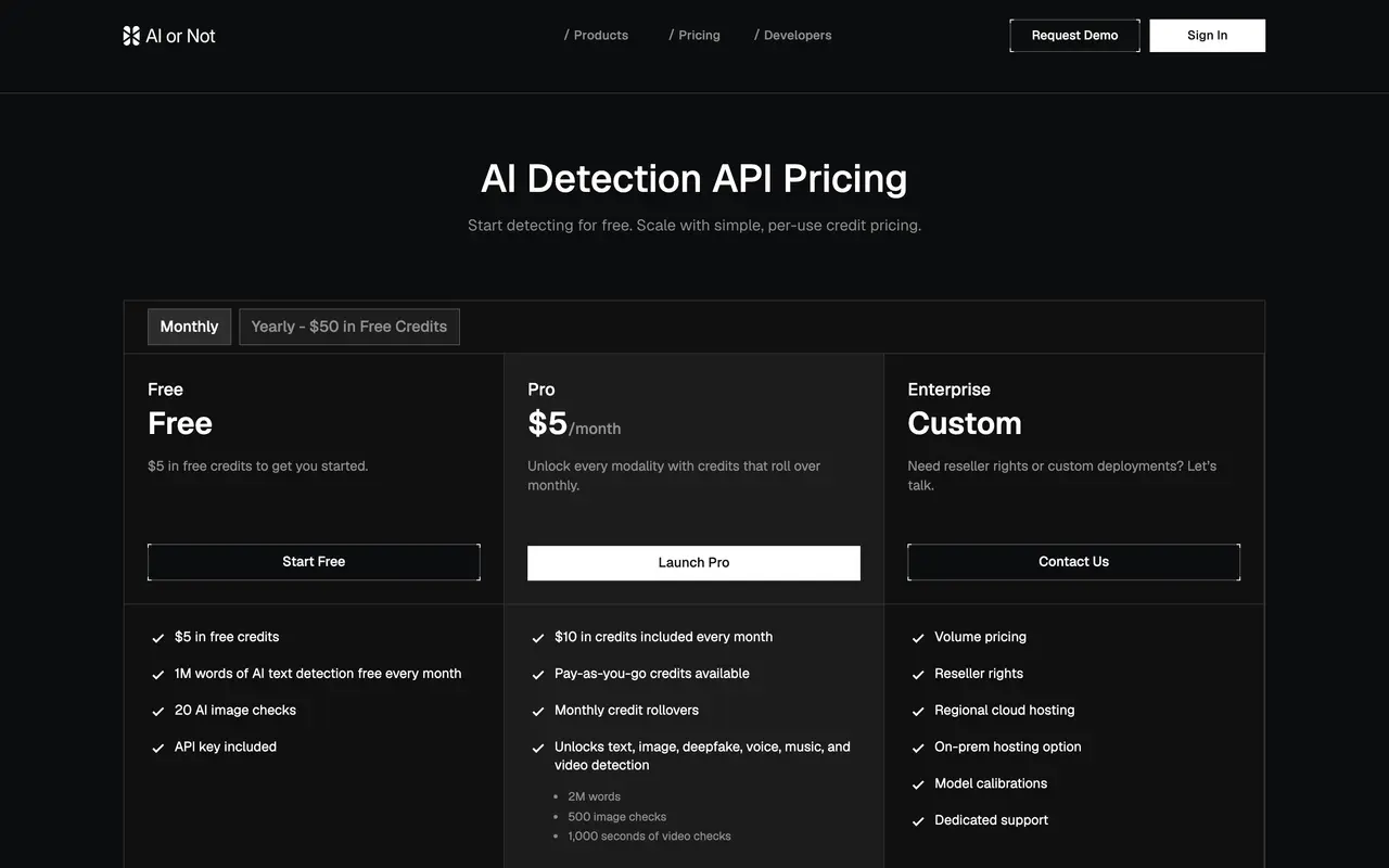 AI or Not pricing page - API & Integration SaaS pricing tiers and plans