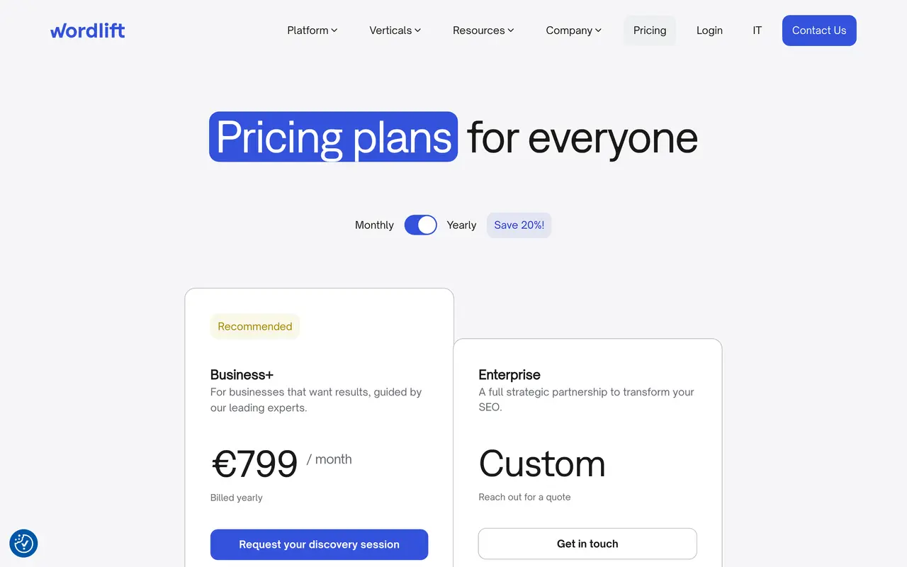 AI-Powered SEO • WordLift pricing page - SEO & Content Marketing SaaS pricing tiers and plans