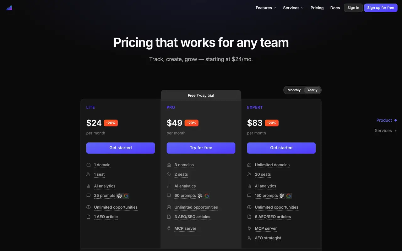 AI Search Analytics pricing page - Analytics & BI SaaS pricing tiers and plans