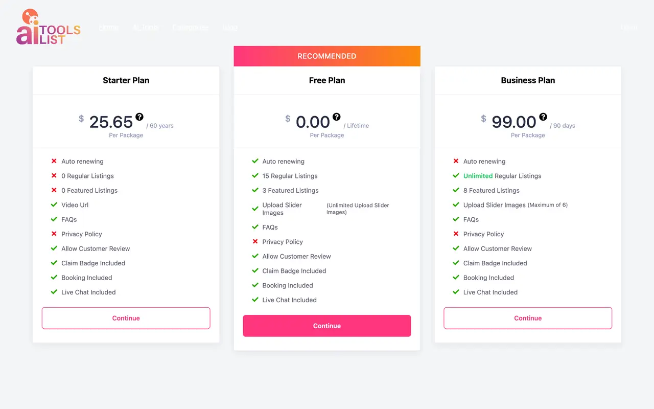 AI Tools List pricing screenshot