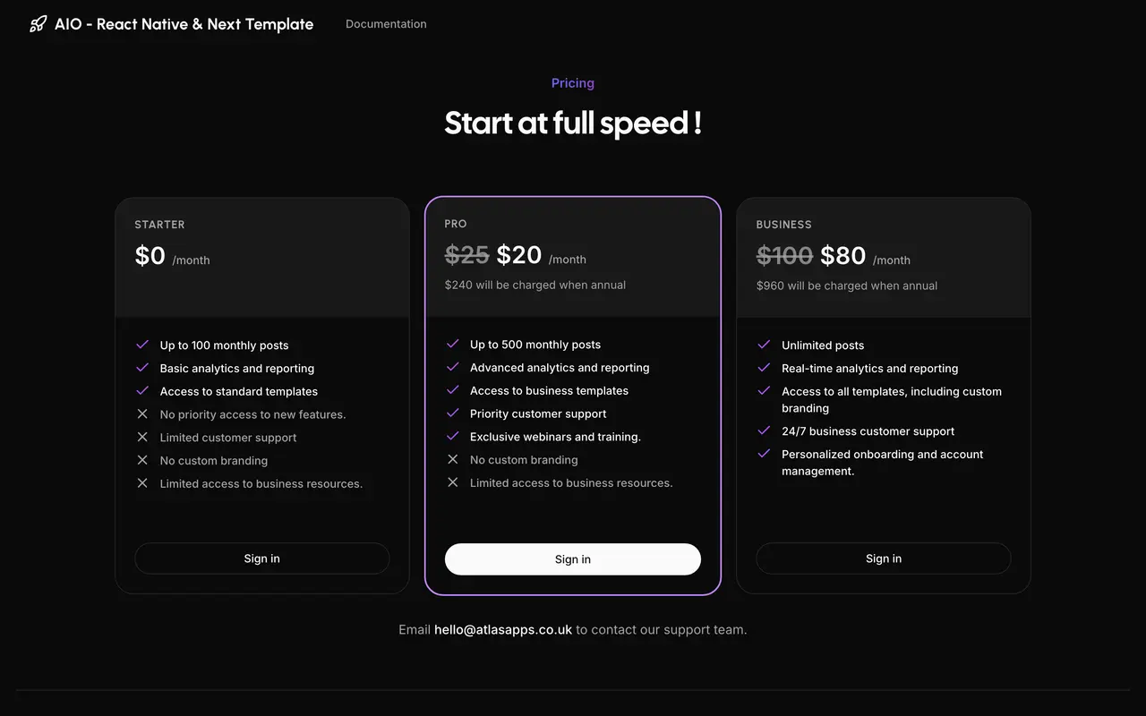 AIO - React Native &amp; Next Template pricing page - Productivity SaaS pricing tiers and plans