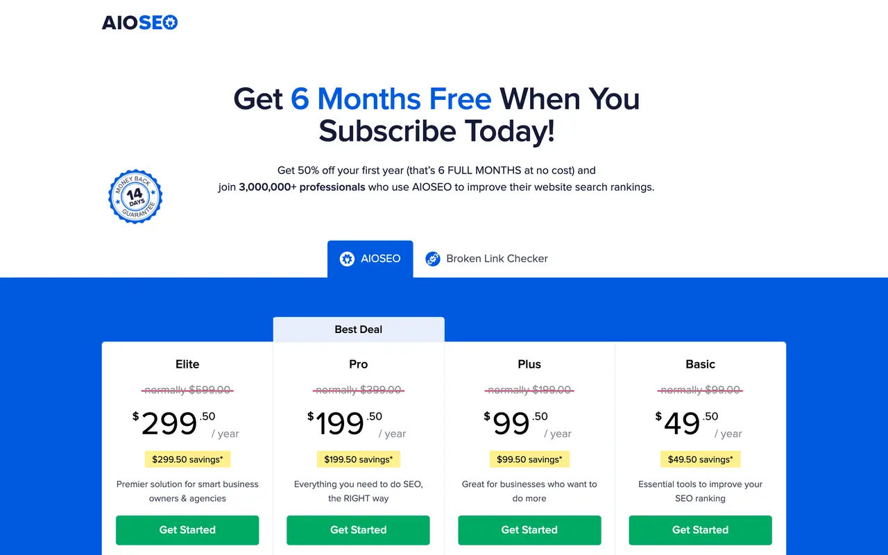 AIOSEO pricing page - SEO & Content Marketing SaaS pricing tiers and plans