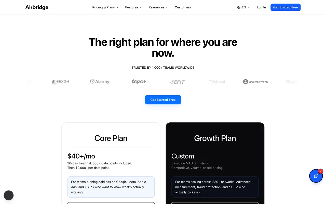 Airbridge pricing page - Analytics & BI SaaS pricing tiers and plans