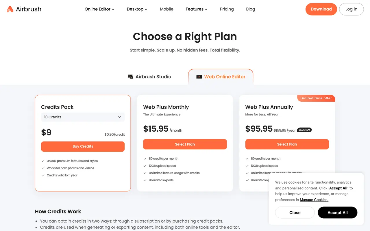 Airbrush pricing page - Video & Streaming SaaS pricing tiers and plans