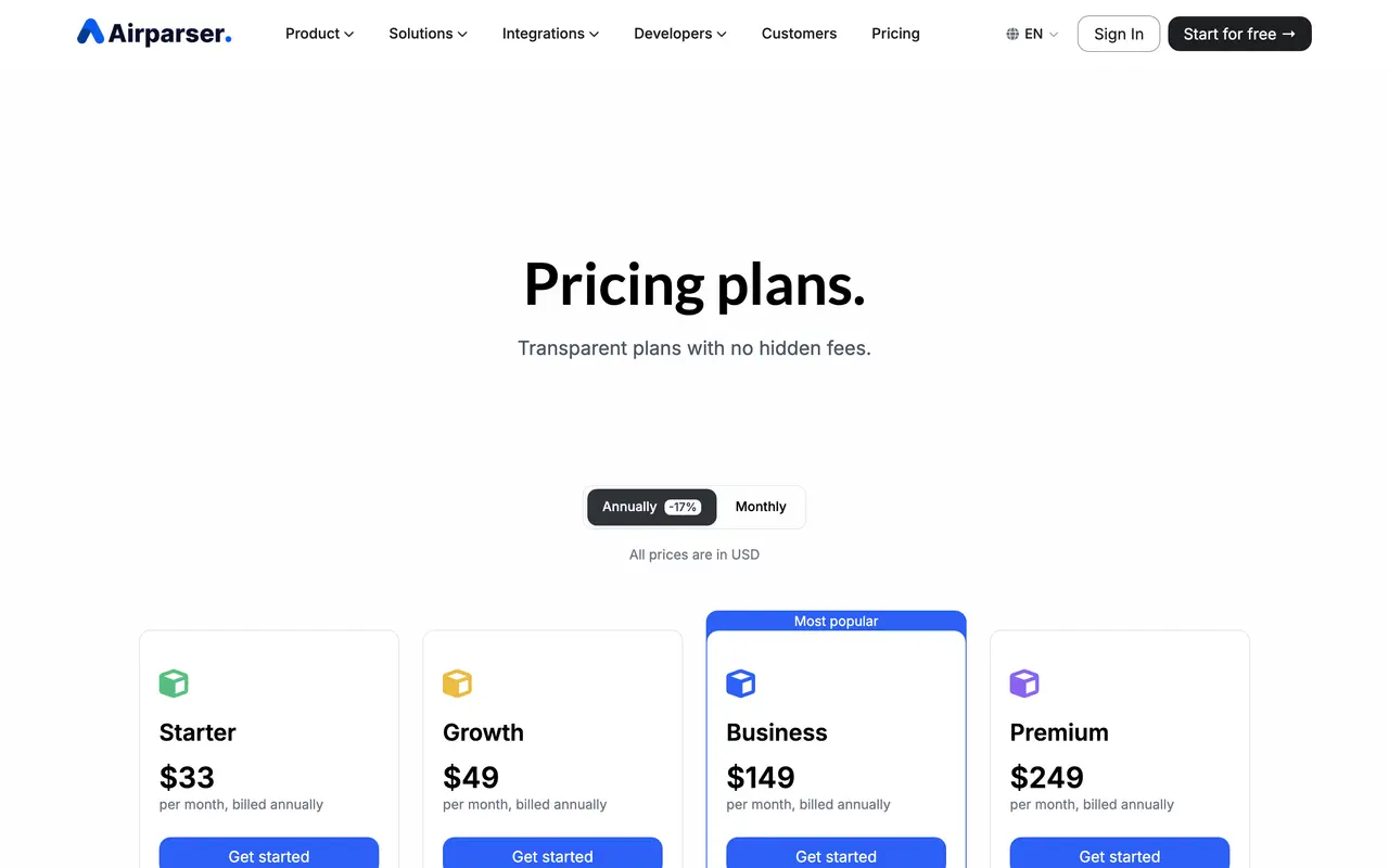 Airparser pricing page - Automation SaaS pricing tiers and plans