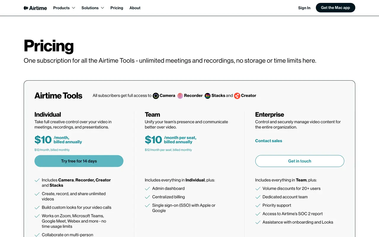 Airtime pricing page - Video & Streaming SaaS pricing tiers and plans
