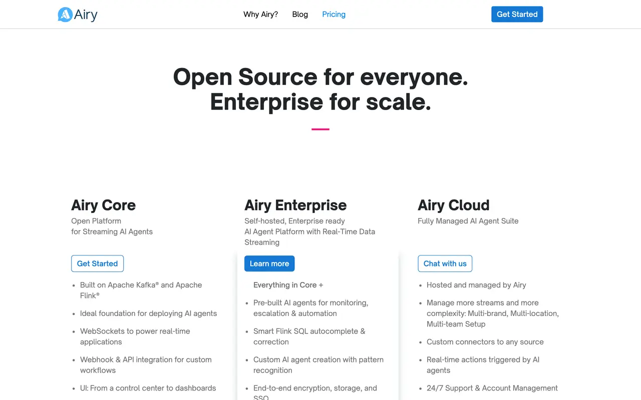 Airy pricing page - Communication SaaS pricing tiers and plans