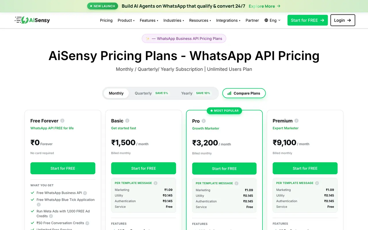AiSensy pricing page - Marketing SaaS pricing tiers and plans