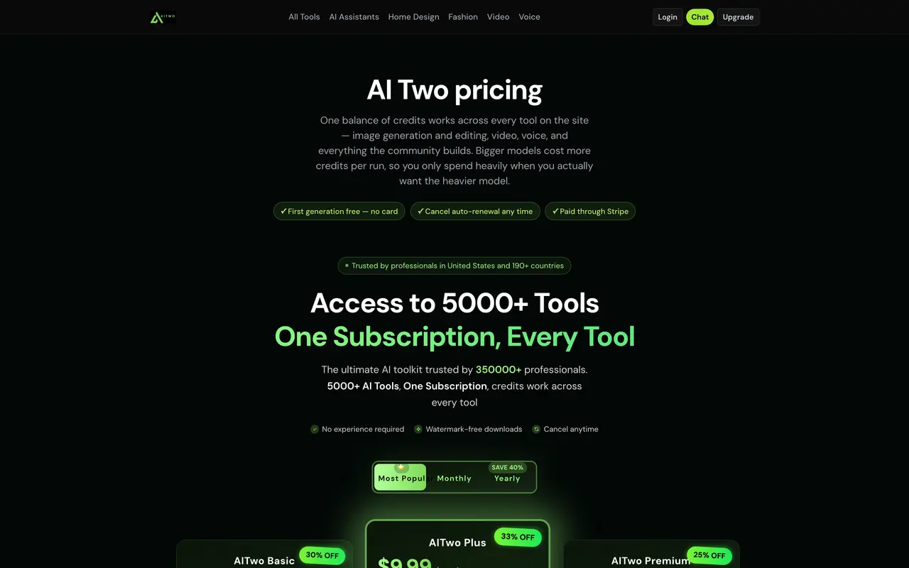 AITWO.CO pricing page - Design & Creative SaaS pricing tiers and plans
