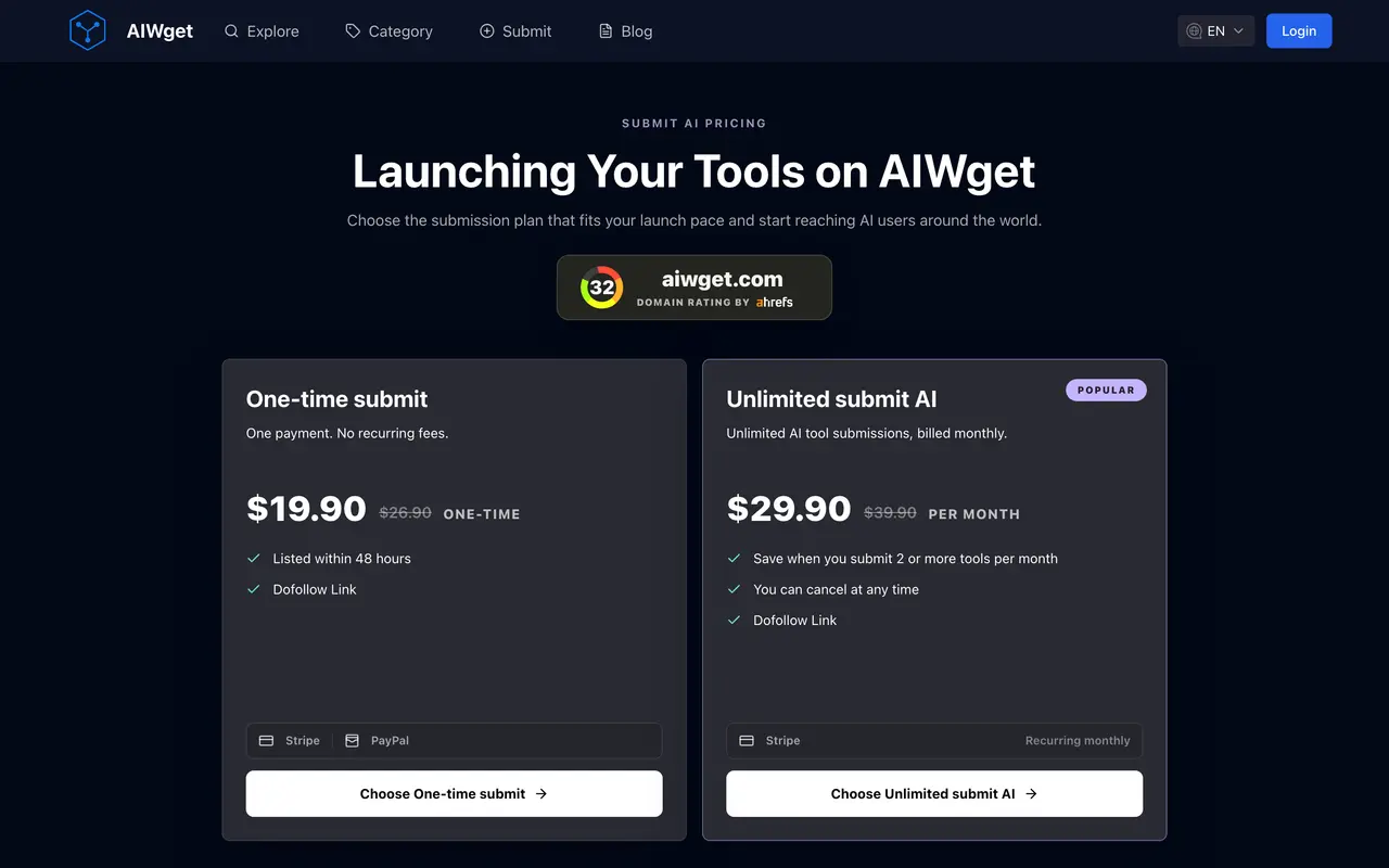 AIWget pricing page - Design & Creative SaaS pricing tiers and plans