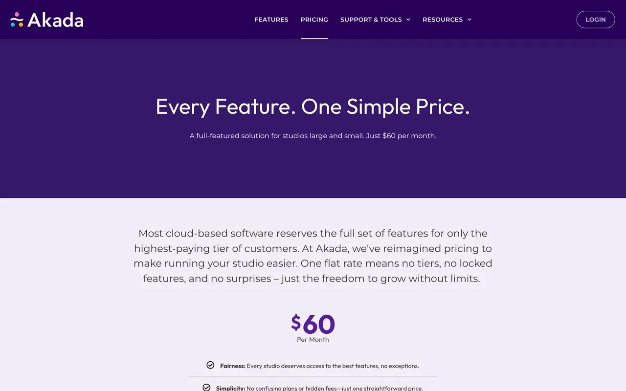 Akada Software pricing page - Fitness SaaS pricing tiers and plans