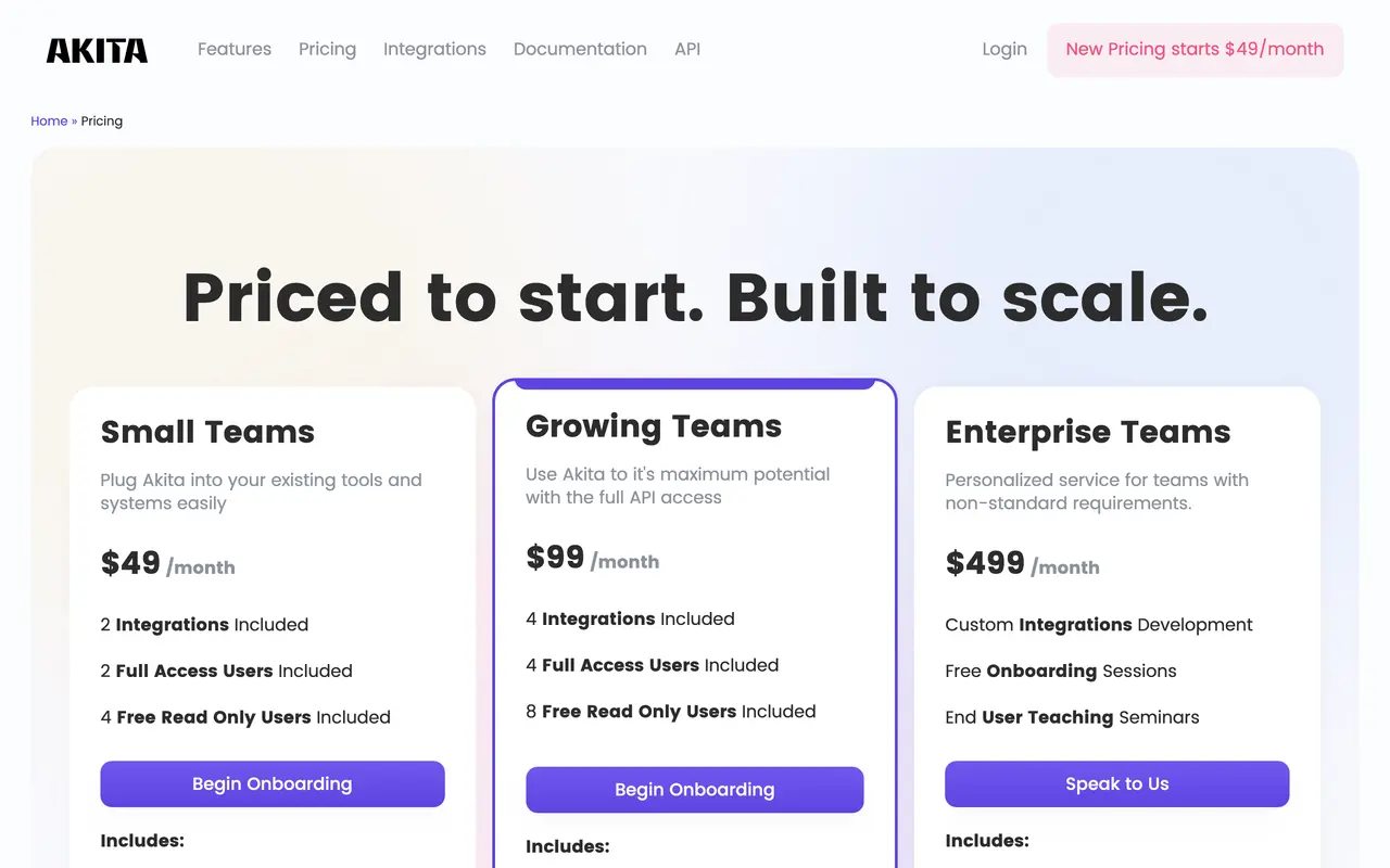 Akita pricing page - Customer Success & Onboarding SaaS pricing tiers and plans