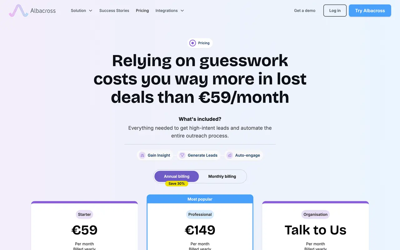 Albacross pricing page - Sales SaaS pricing tiers and plans