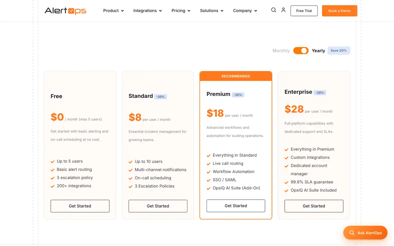 AlertOps pricing page - IT Service Management SaaS pricing tiers and plans