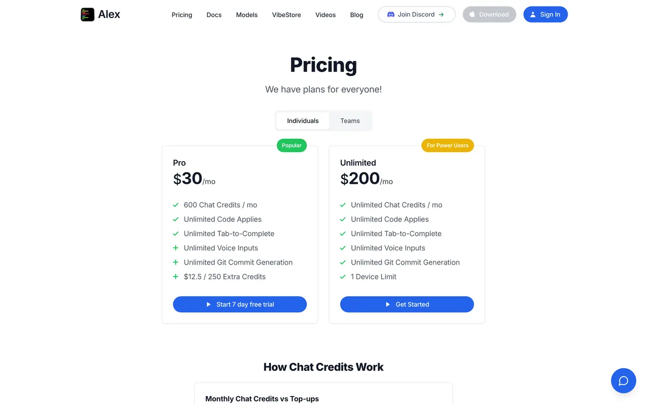 Alexcodes pricing page - Developer Tools SaaS pricing tiers and plans