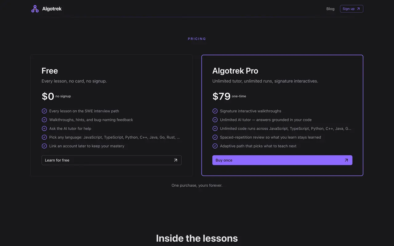 Algotrek pricing page - AI Education SaaS pricing tiers and plans