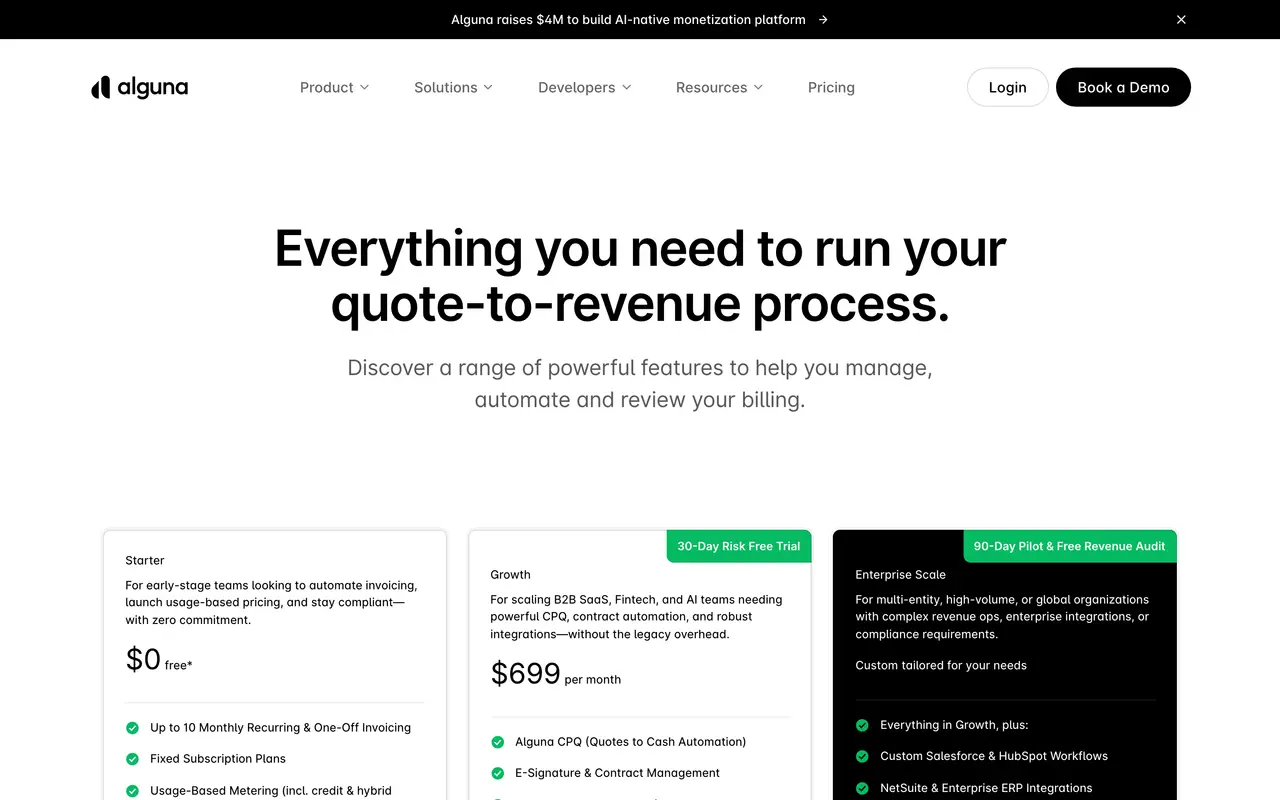 Alguna pricing page - Payment & Fintech SaaS pricing tiers and plans