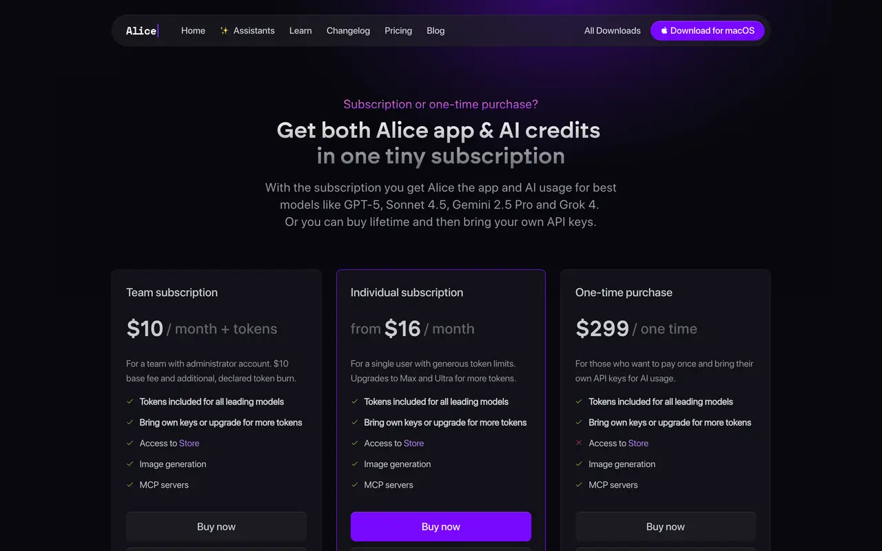 Alice pricing page - Automation SaaS pricing tiers and plans