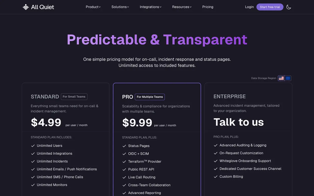 All Quiet pricing page - Cloud & Infrastructure SaaS pricing tiers and plans