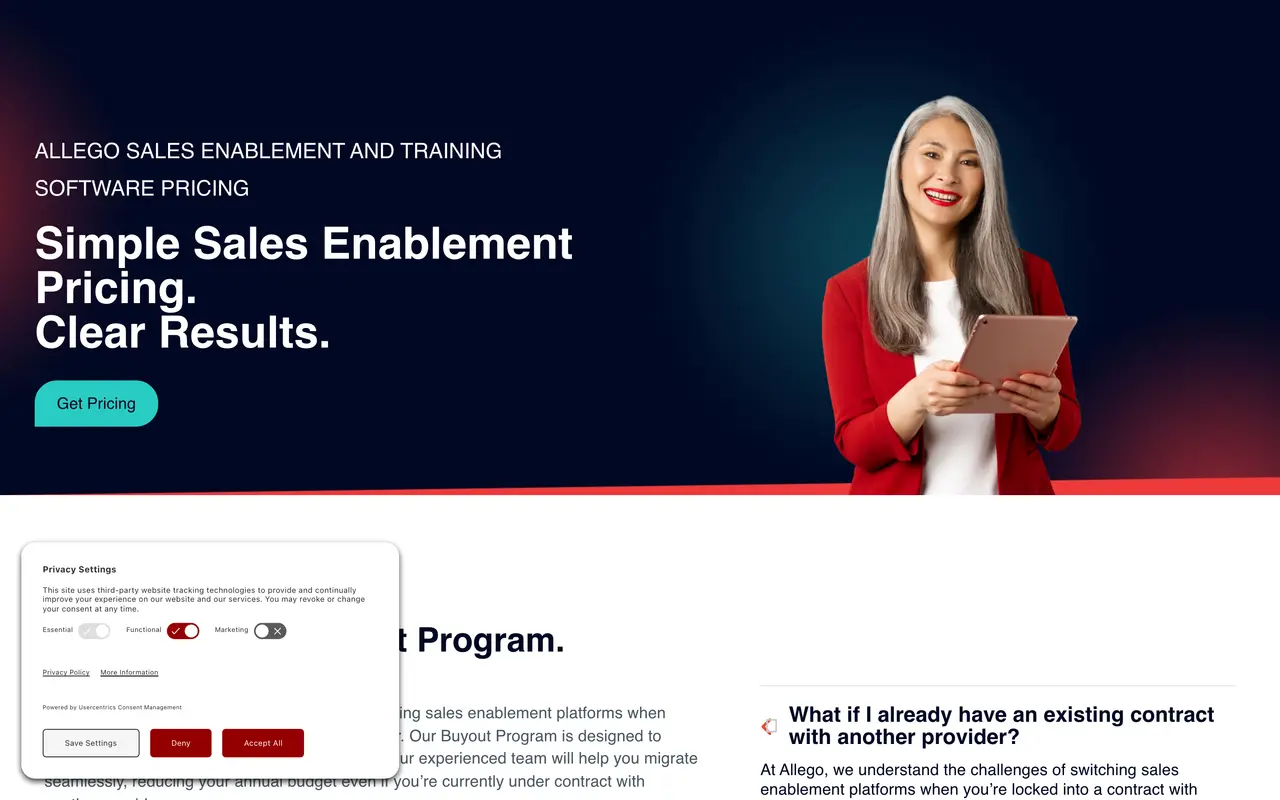 Allego pricing page - Sales Enablement SaaS pricing tiers and plans