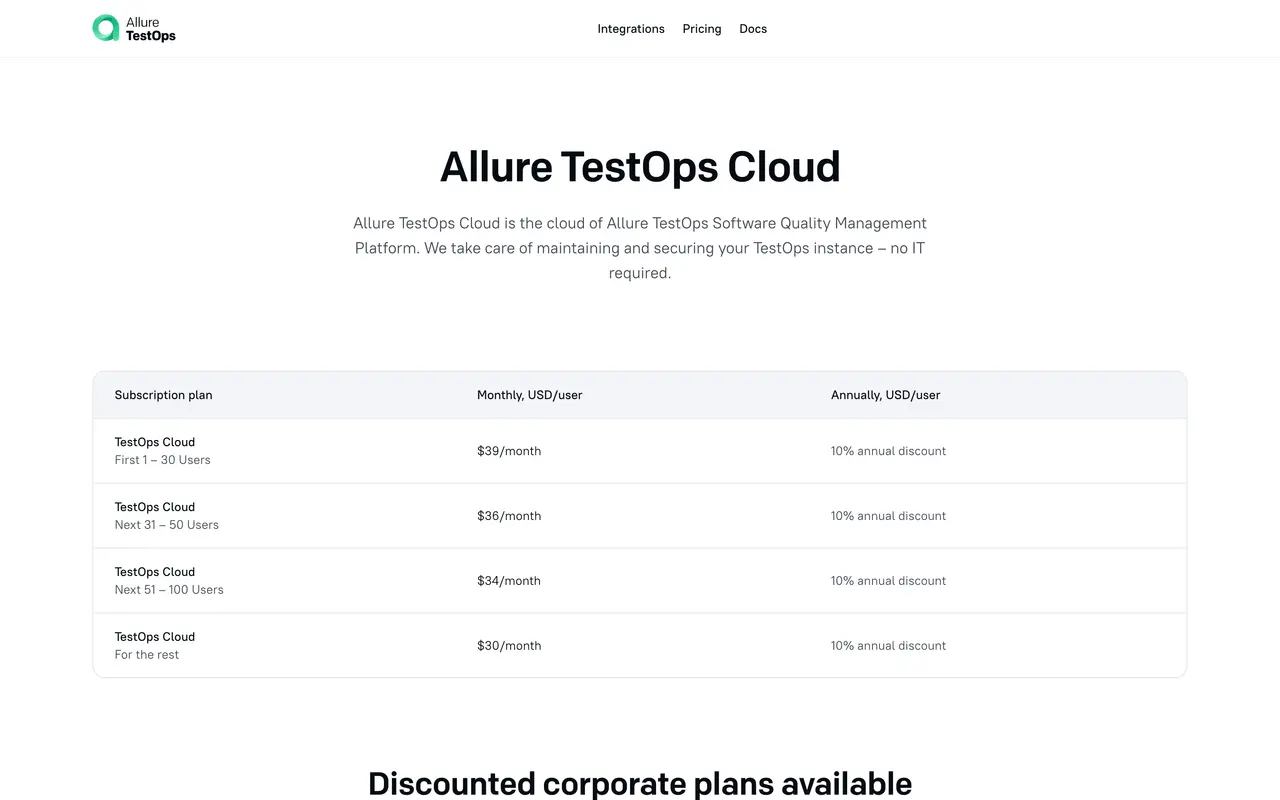 Allure pricing page - DevOps & CI/CD SaaS pricing tiers and plans