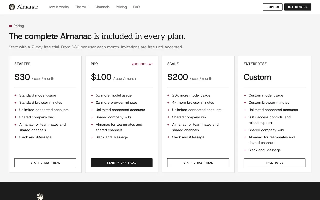 Almanac pricing page - AI Agents & Copilots SaaS pricing tiers and plans