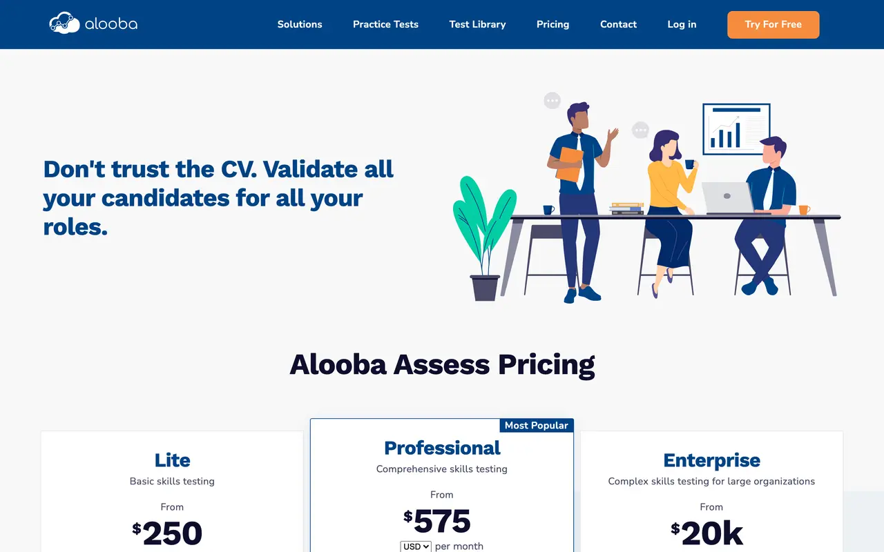 Alooba pricing page - AI HR & Recruiting SaaS pricing tiers and plans