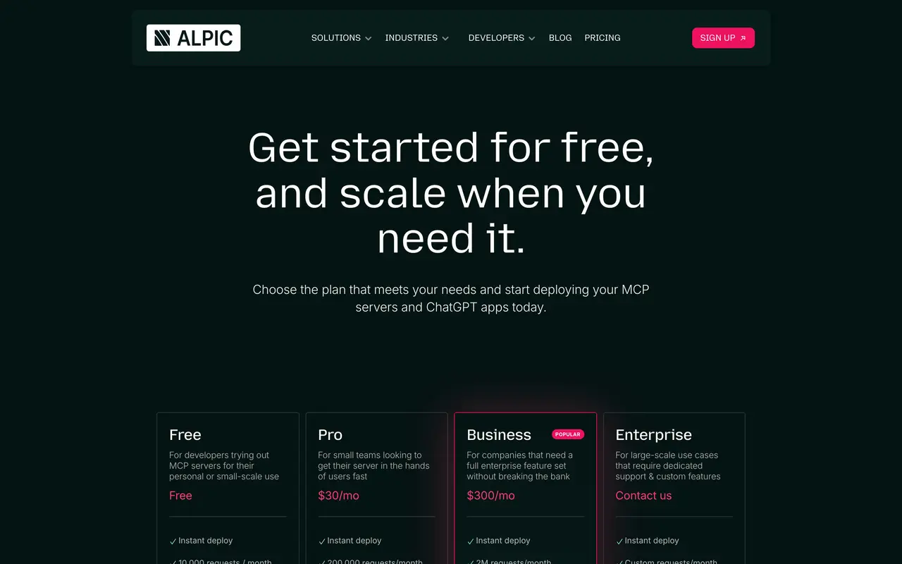 Alpic pricing page - Observability & Monitoring SaaS pricing tiers and plans